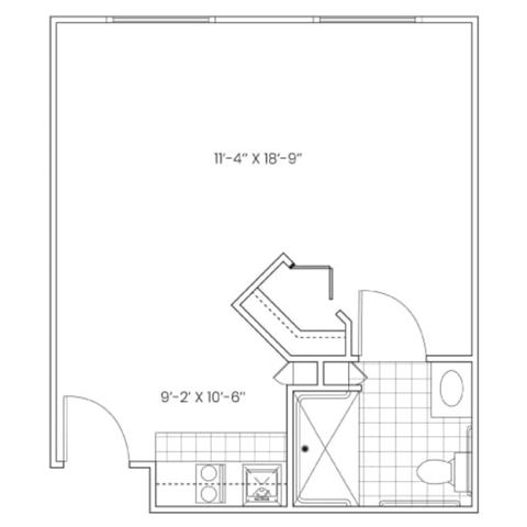 Floor plan for studio, 1 bath, 414 sqft